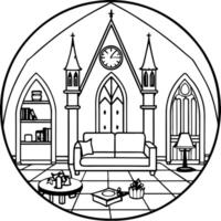 A black and white drawing of a living room vector
