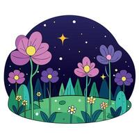 A cartoon illustration of flowers and trees at night vector