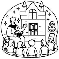 A coloring page with a man reading to children vector