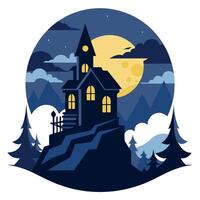 A dark house with a moon and trees in the background vector