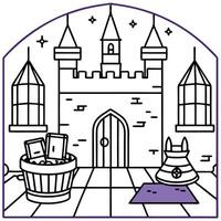 A coloring page with a castle and a basket vector