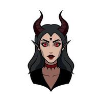 A cartoon devil woman with horns and red eyes vector