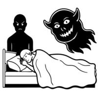 A man sleeping in bed with a demon in the background vector