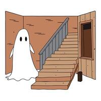 A cartoon ghost standing in front of a wooden staircase vector