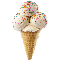 Delicious triple-scoop vanilla ice cream cone with colorful sprinkles png