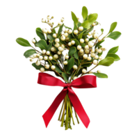 Festive mistletoe bouquet tied with a red ribbon isolated png