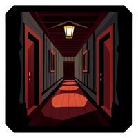 A dark hallway with red carpet and a light vector