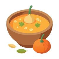 A bowl of soup with a pumpkin and leaves vector