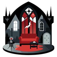 A gothic house with a red couch and a bat vector