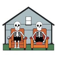 Two skeletons sitting in chairs in front of a house vector