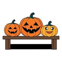 Three pumpkins sitting on a bench with a smiley face vector