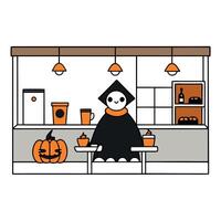 A cartoon character sitting at a table with a pumpkin and a cup of coffee vector