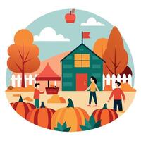 An illustration of people in front of a pumpkin patch vector