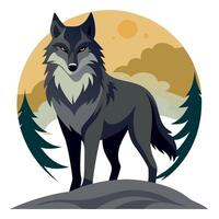 A wolf standing on a mountain with trees in the background vector