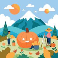 Pumpkin carving in the garden with people and a mountain vector