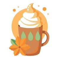 A cup of coffee with whipped cream and leaves vector
