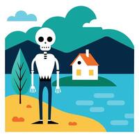 A skeleton standing in front of a house and a lake vector