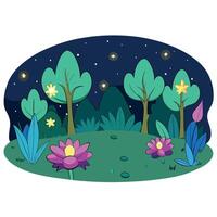 A cartoon scene of a forest with flowers and trees vector