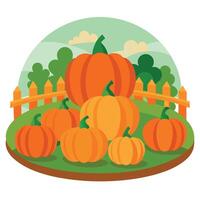 Pumpkins in a field with a fence and trees vector