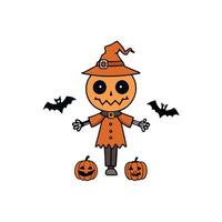 A cartoon pumpkin with a witch hat and bats vector