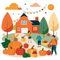 An illustration of people and pumpkins in front of a farm vector