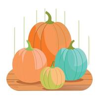 Pumpkins on a table with a wooden background vector