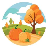 Pumpkins and trees in a field with a tree vector