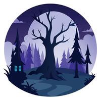 A cartoon illustration of a forest with a tree and a house vector