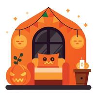 Halloween house with pumpkin and pumpkin head vector