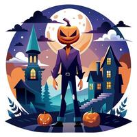 Halloween illustration with a scary man standing in front of a house vector