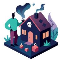 A man is standing in front of a house with a skull on it vector