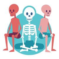 Three skeletons sitting in a circle, one of them is sitting on the ground vector