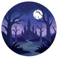 A castle in the woods at night with a moon and trees vector