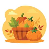 Pumpkins and leaves in a basket on a yellow background vector
