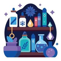 A collection of potions and other items on a shelf vector