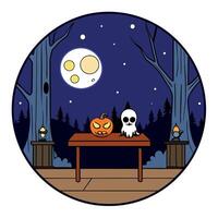 Halloween scene with a table and pumpkin vector