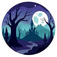A cartoon illustration of a castle in the forest at night vector