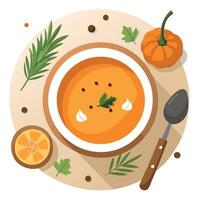 A bowl of soup with spices and herbs on a table vector