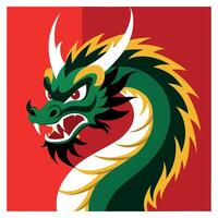 A green and yellow dragon head on a red background vector