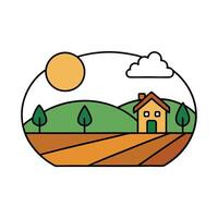 A house and trees in a field with a sun and clouds vector