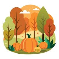 Autumn landscape with pumpkins and trees vector