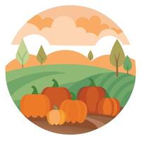 Pumpkins in a field with trees and hills vector