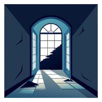 An open window in a dark room with a light coming through vector