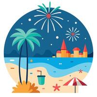 A beach scene with palm trees and fireworks vector