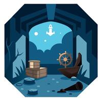 A pirate ship is sitting in a room with a ship wheel and other items vector