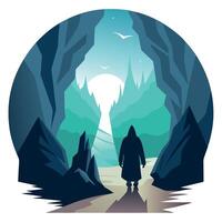 A man in a hooded robe is walking through a cave vector