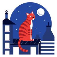 A red cat sitting on the roof of a building at night vector