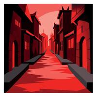 An illustration of a red alleyway with a red moon vector