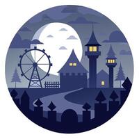 A night time scene with a castle and ferris wheel vector