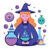A witch with a potion and a potion bottle vector
